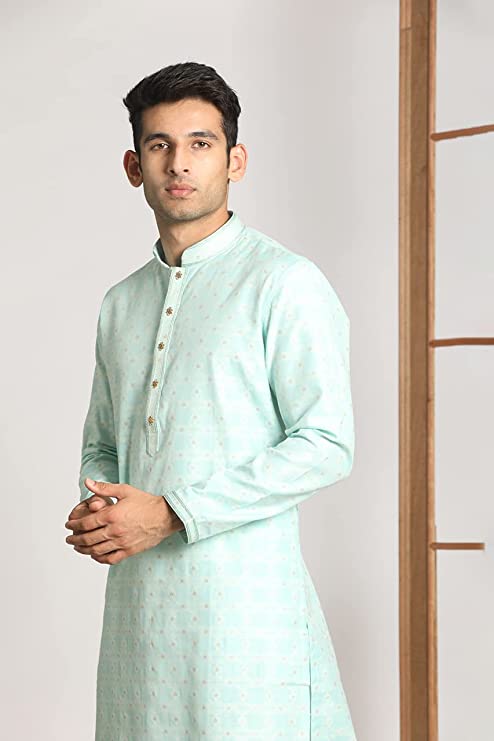 Manyavar Kurta Set for Men, Full Sleeves Mandarin Collar Ethnic Men's Kurta Set for Engagement, Wedding, Party Blended Cotton All Over Self Design (Blue) - Image 3
