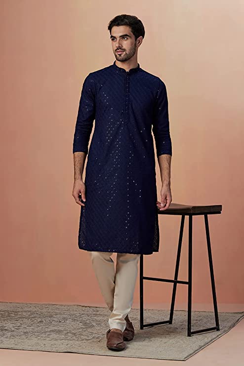 Manyavar Kurta Set for Men, Full Sleeves Mandarin Collar Ethnic Men's Kurta Set for Engagement, Wedding, Party Blended Cotton Embroidery (Blue) - Image 3