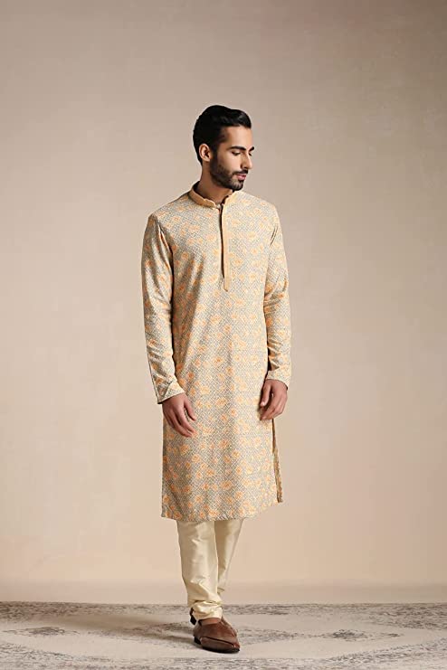 Manyavar Kurta Set for Men, Full Sleeves Mandarin Collar Ethnic Men's Kurta Set for Engagement, Wedding, Party Blended Cotton Printed (Pista) - Image 3