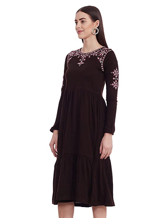 W for Woman Women's Acrylic W Brown Round Neck Gathered Dress Maxi - Image 3