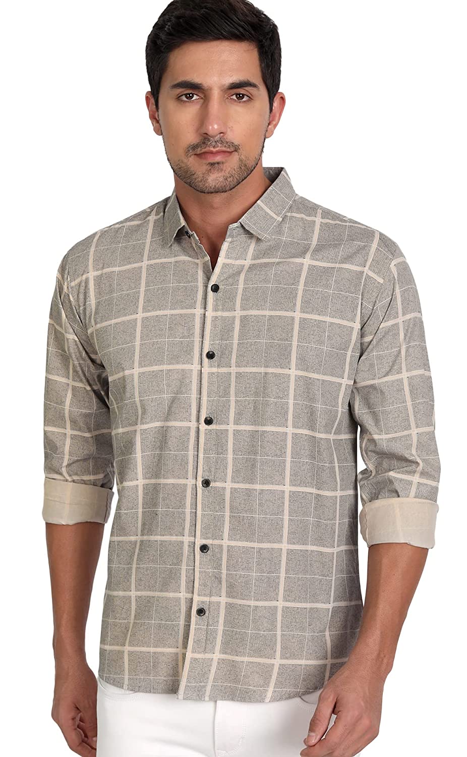 IndoPrimo Men's Regular Fit Cotton Casual Checks Shirt for Men Full Sleeves
